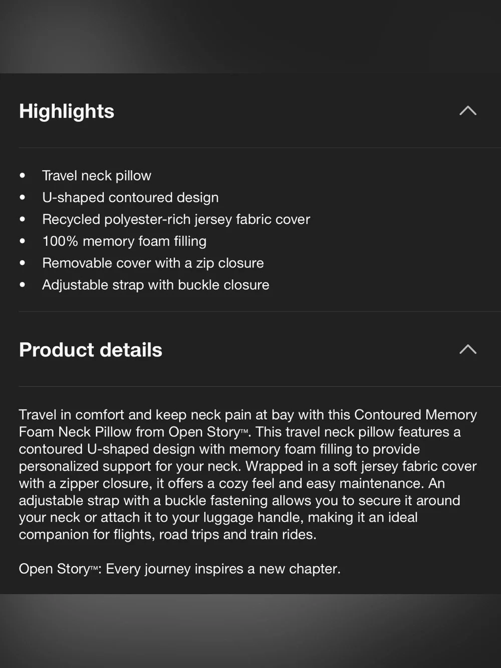 Contoured Memory Foam Neck Pillow - Open Story™ Black: U-Shape Travel Support